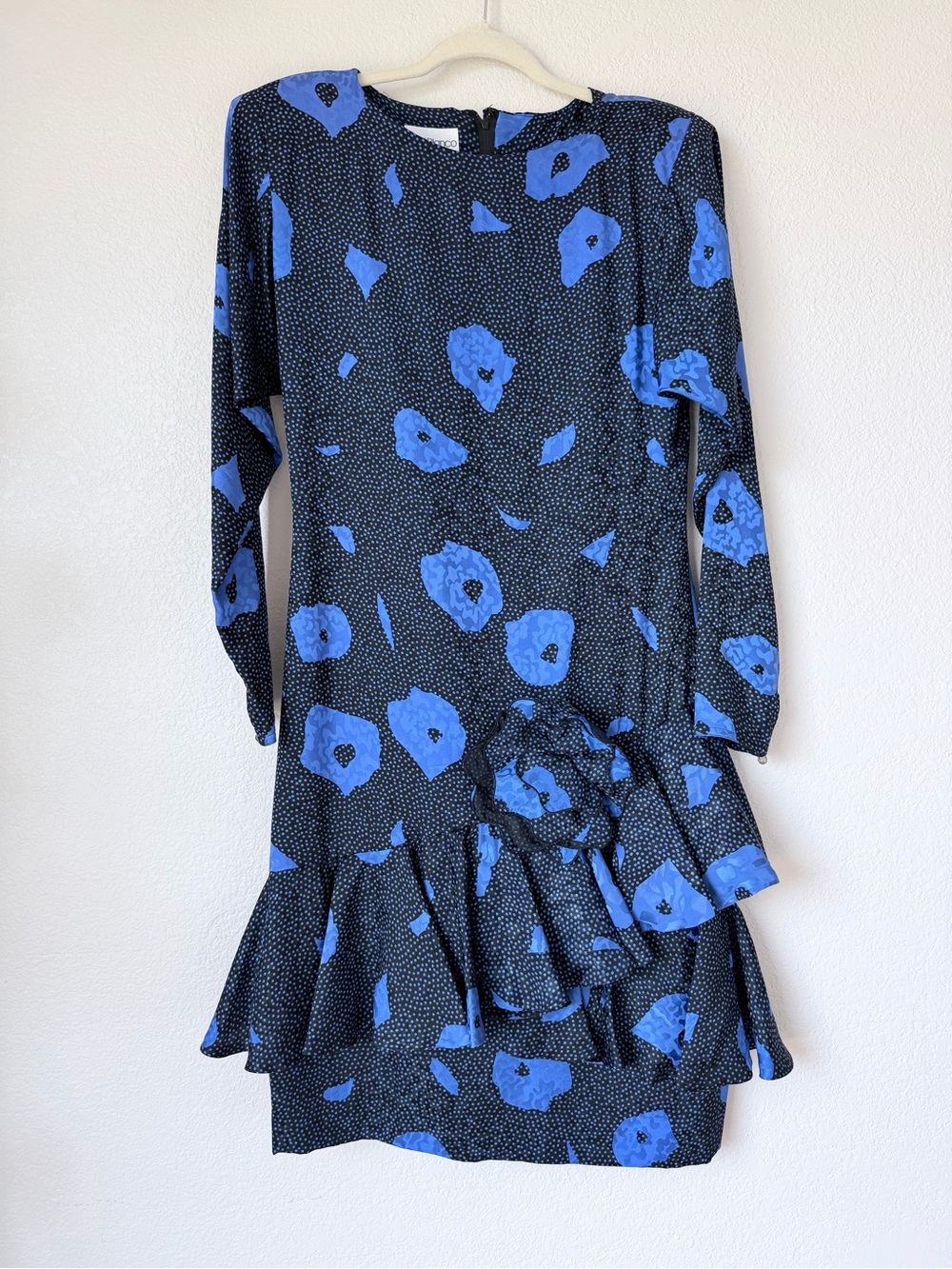 Vintage 80s Raul Blanco 100% Silk Blue Floral Drop Waist Ruffle Dress Sz 6